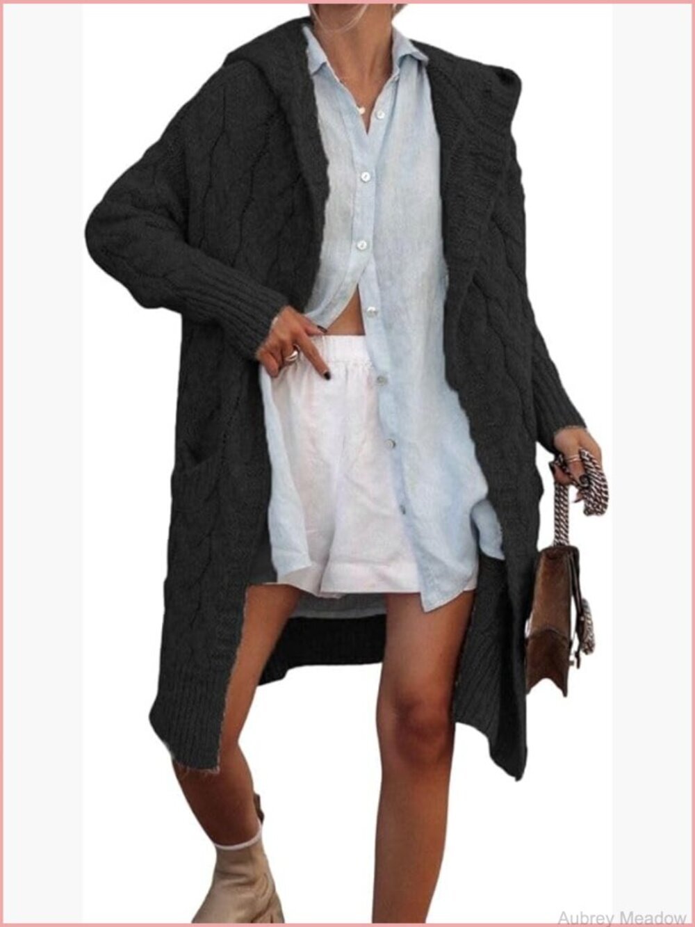Women's Cable Knit Hooded Long Cardigan Sweater Open Front Trench Coat with